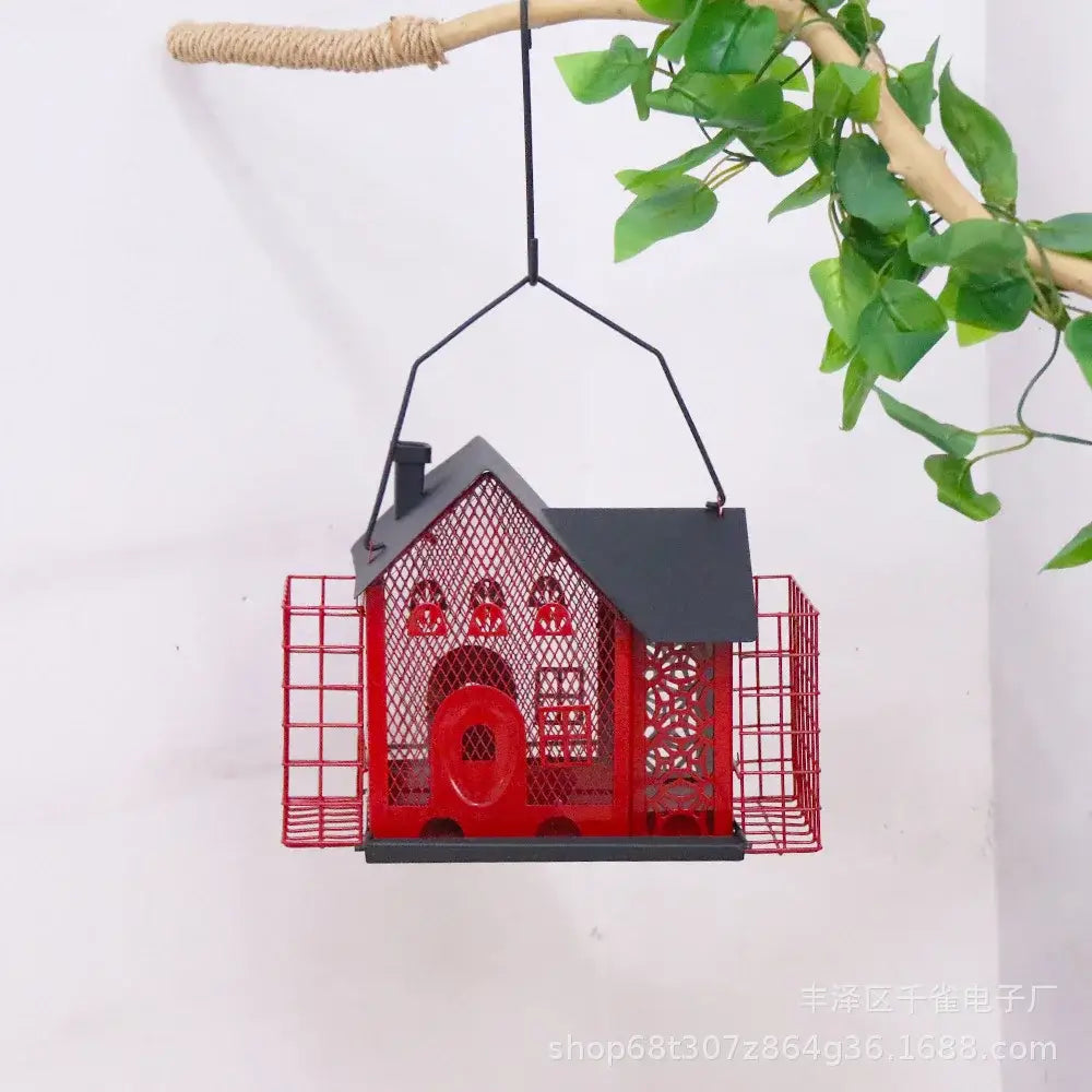 Red and black hanging metal bird feeder garden mesh suet house