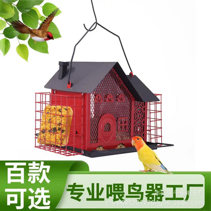 Red and black hanging metal bird feeder garden mesh suet house