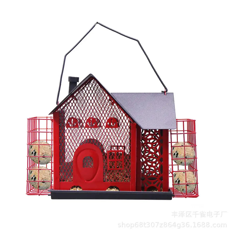 Red and black hanging metal bird feeder garden mesh suet house