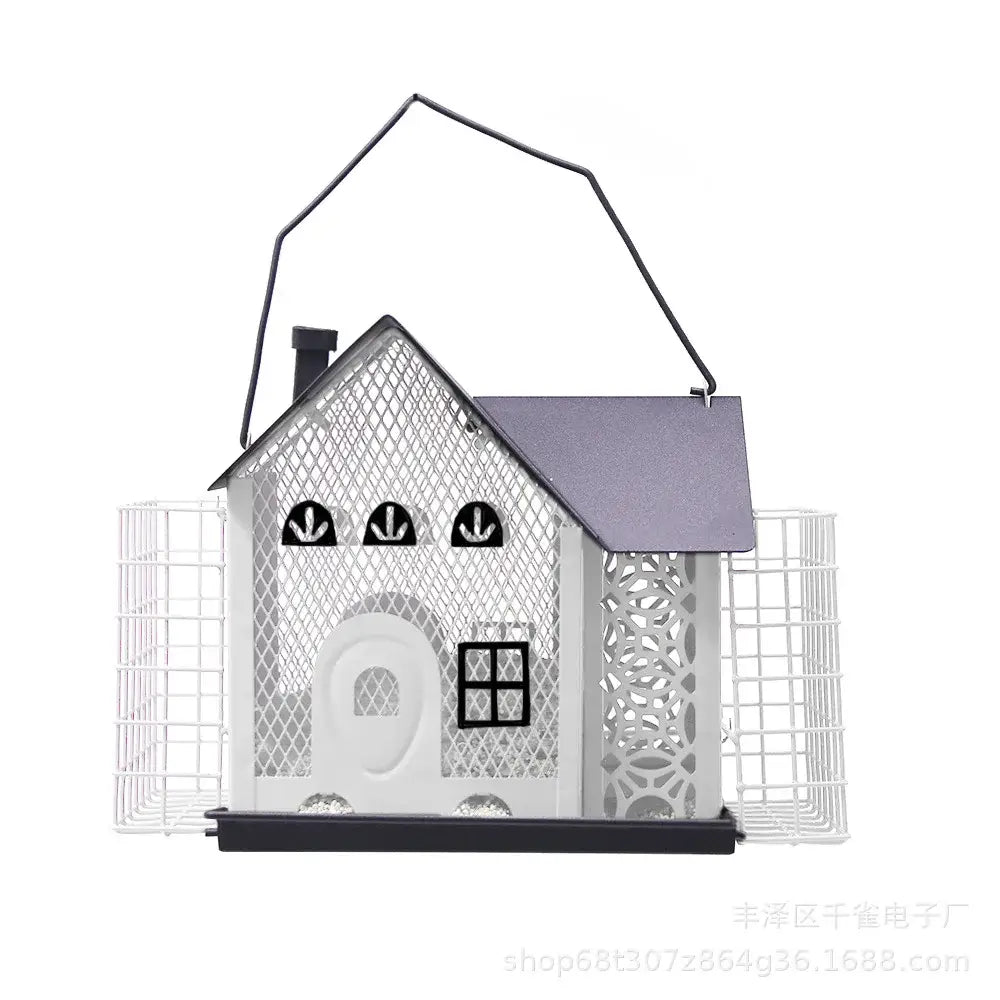 Red and black hanging metal bird feeder garden mesh suet house