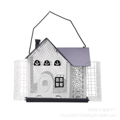Red and black hanging metal bird feeder garden mesh suet house