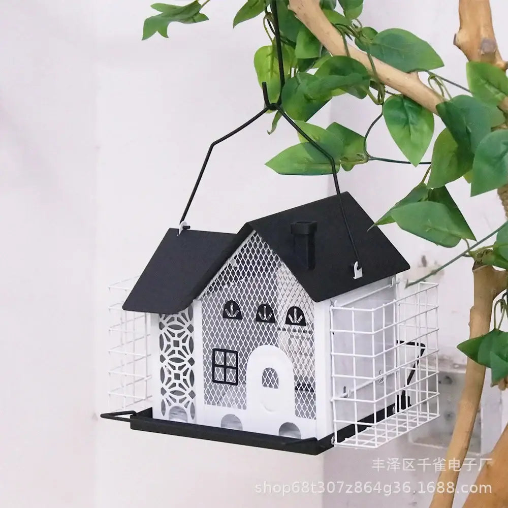 Red and black hanging metal bird feeder garden mesh suet house