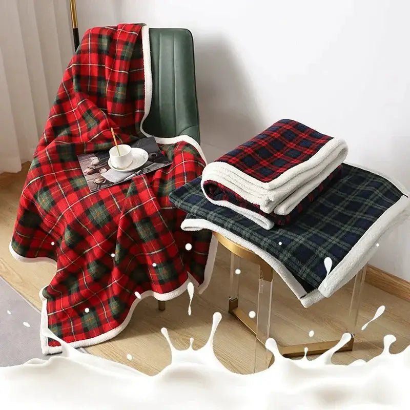 Red and green cozy coral fleece plaid blanket bedroom throw