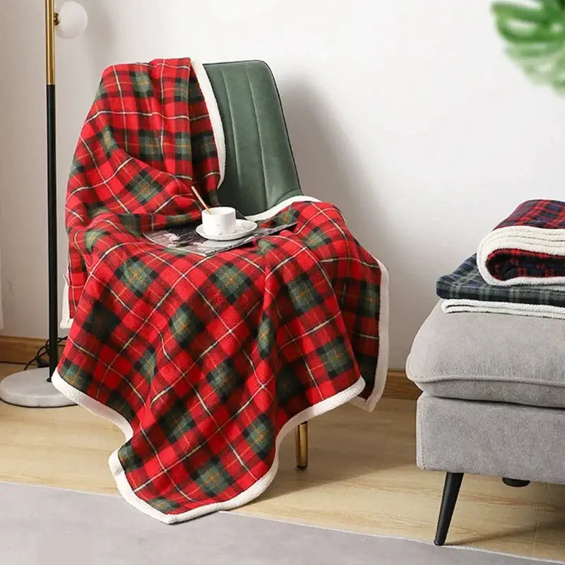 Red and green cozy coral fleece plaid blanket bedroom throw