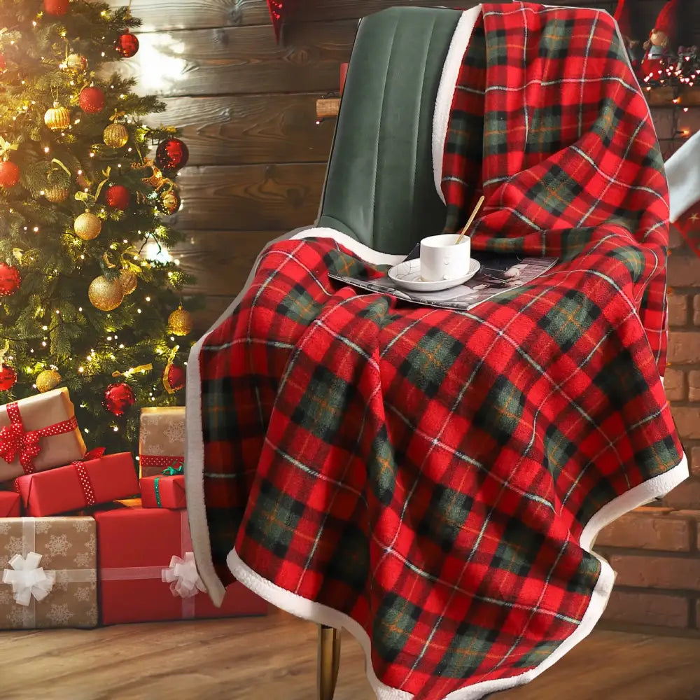 Red and green cozy coral fleece plaid blanket bedroom throw