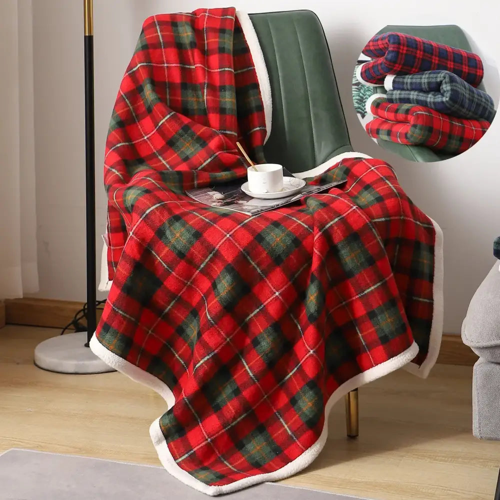 Red and green cozy coral fleece plaid blanket bedroom throw