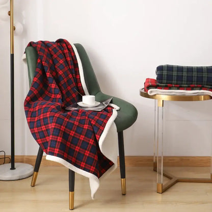 Red and green cozy coral fleece plaid blanket bedroom throw