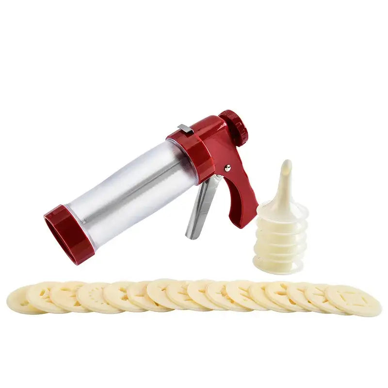 Red and silver cake cream decorating gun kit with cutters kitchen