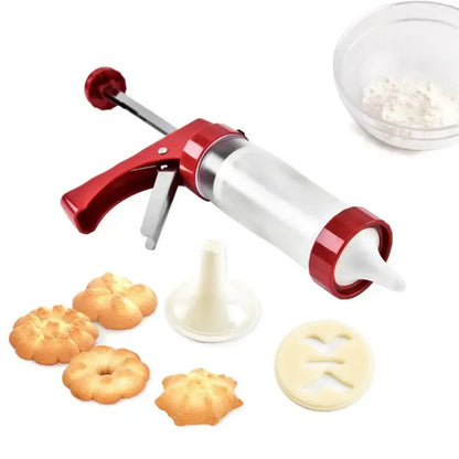 Red and silver cake cream decorating gun kit with cutters kitchen