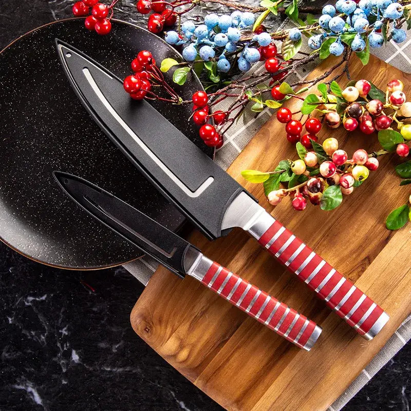 Red and silver striped knife blade protector cover kitchen guard