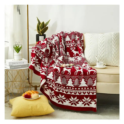 Red and white knitted jacquard christmas tree blanket living room