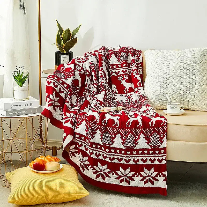 Red and white knitted jacquard christmas tree blanket living room