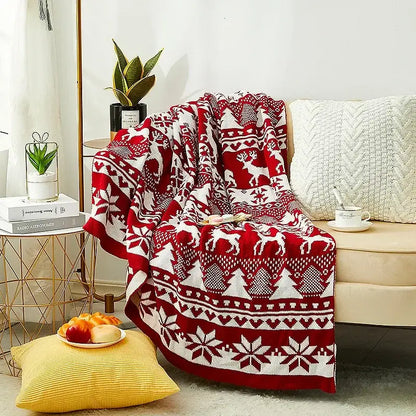 Red and white knitted jacquard christmas tree blanket living room