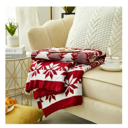 Red and white knitted jacquard christmas tree blanket living room