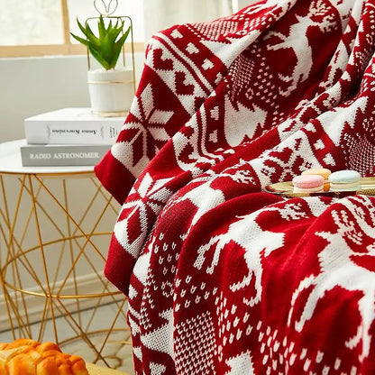 Red and white knitted jacquard christmas tree blanket living room