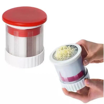 Red and white manual citrus juicer kitchen tool with measuring cup