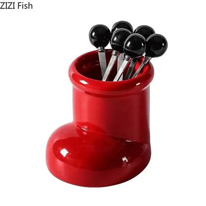 Red ceramic boot desk organizer box for office and kitchen storage
