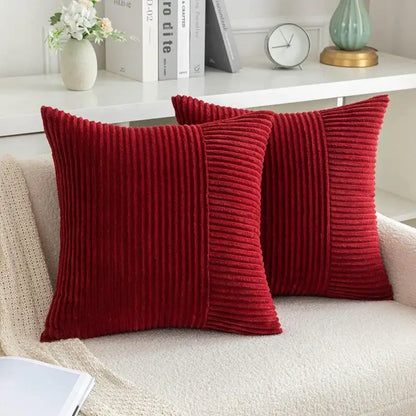 Red corduroy patchwork striped cushion covers set of 2 living room