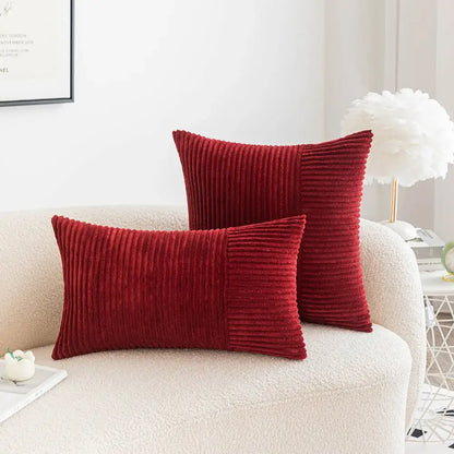 Red corduroy patchwork striped cushion covers set of 2 living room