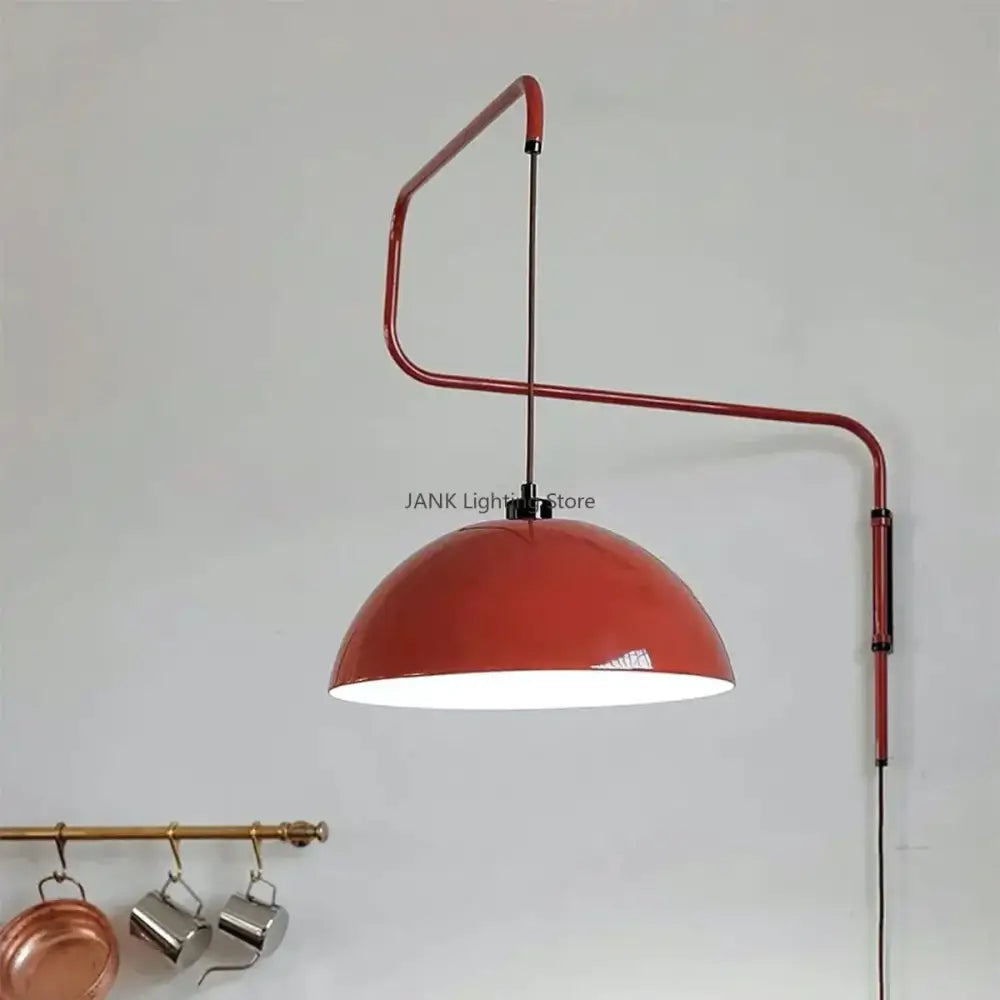 Red dome adjustable pendant light for kitchen with curved metal arm