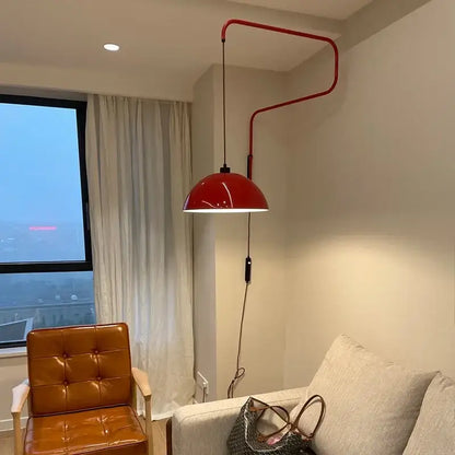 Red dome adjustable pendant light for kitchen with curved metal arm