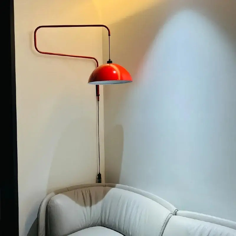 Red dome adjustable pendant light for kitchen with curved metal arm