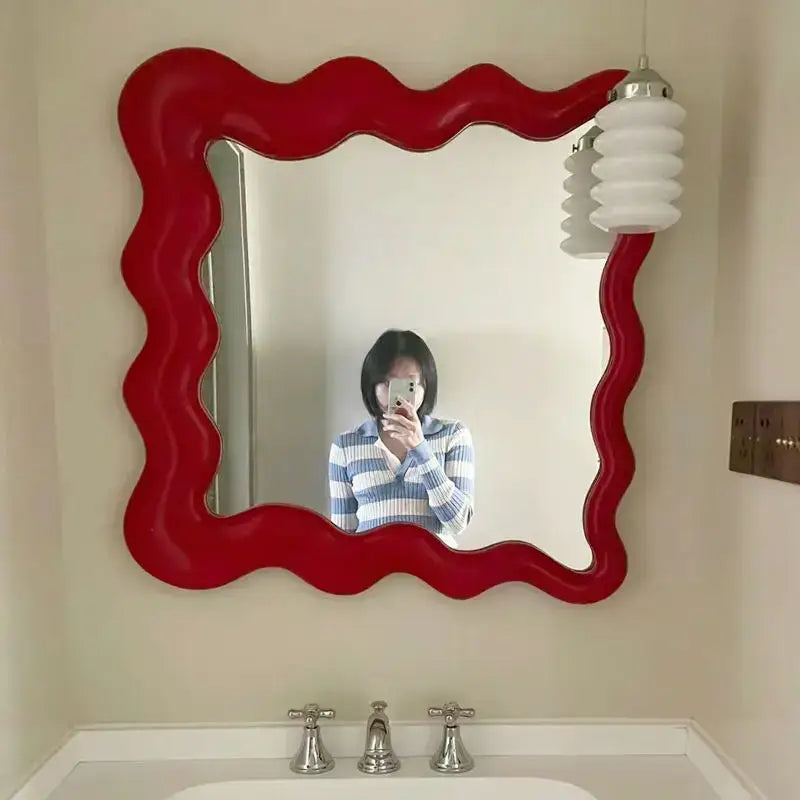 Red glossy cream cloud wave mirror bedroom makeup decor