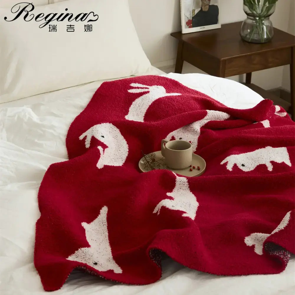 Red regina lively rabbit throw blanket bedroom decor