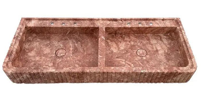 Red Travertine Double Wall Mount Vanity Sink Fluted 48 Inch