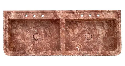 Red Travertine Double Wall Mount Vanity Sink Fluted 48 Inch