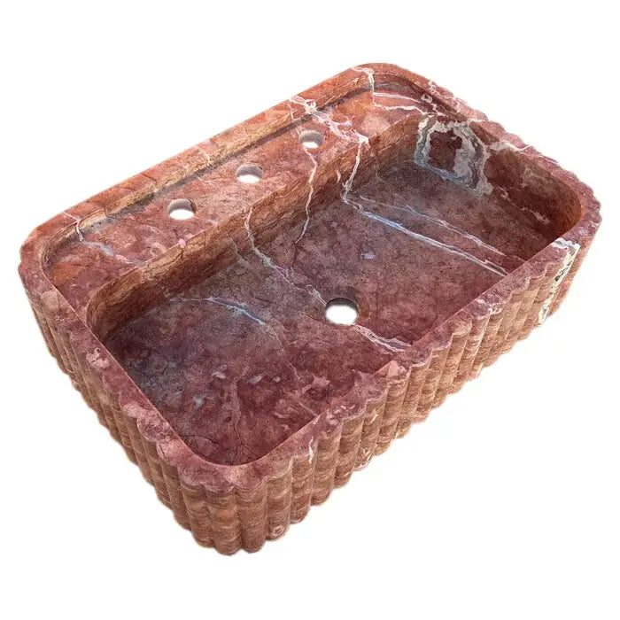 Red Travertine Wall Mount Bathroom Sink With Ribbed Texture