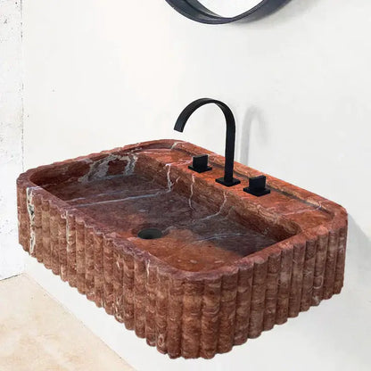 Red Travertine Wall Mount Bathroom Sink With Ribbed Texture