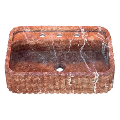 Red Travertine Wall Mount Bathroom Sink With Ribbed Texture