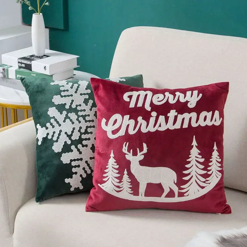 Red velvet embroidered christmas pillow covers living room decor