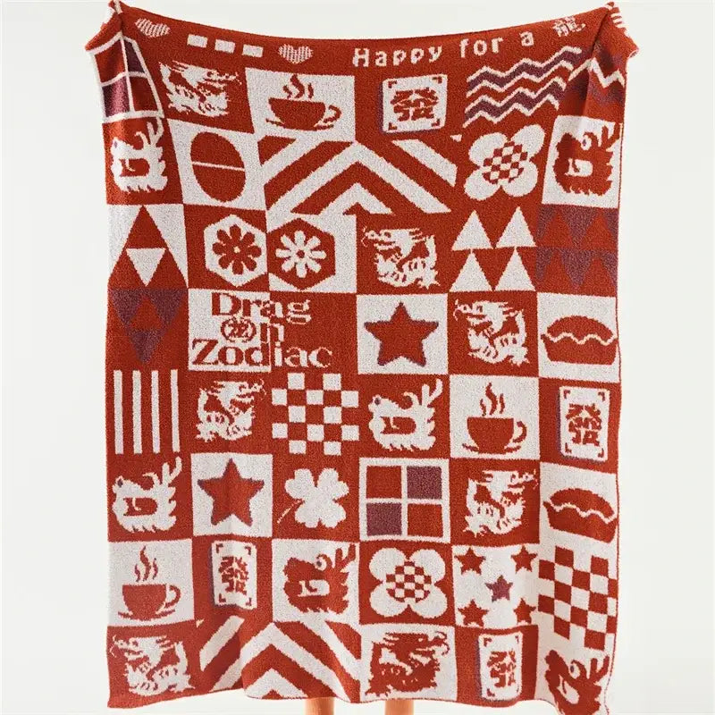 Red & white dragon zodiac knitted blanket throws bedroom decor