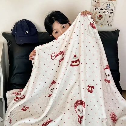 Red & white happy puppy velvet printed blanket bedroom decor