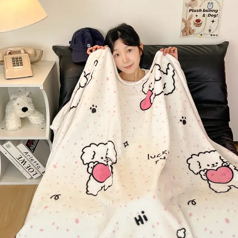 Red & white happy puppy velvet printed blanket bedroom decor