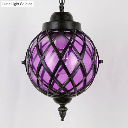 DecorBites™ Restaurant Pendant Lighting: Moroccan Black Ceiling Light with Globe Amber/Green/Purple Glass Shade - 1 Light