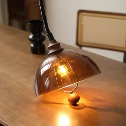 Retro amber glass pendant light dining room wooden accent