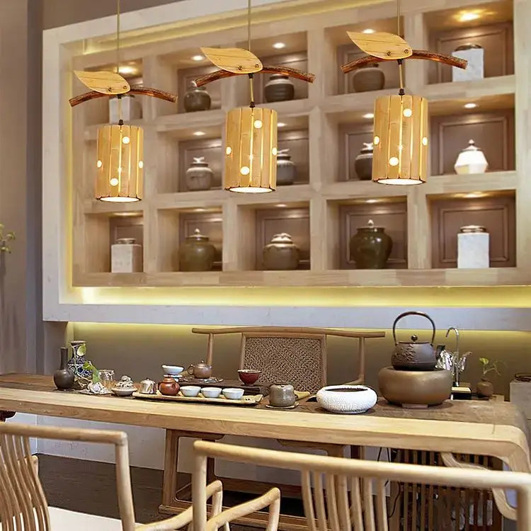Retro bamboo art chandelier natural wood dining room pendant light