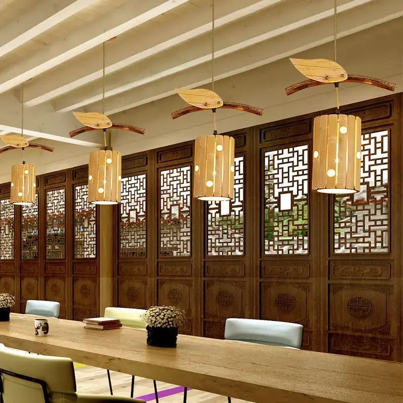 Retro bamboo art chandelier natural wood dining room pendant light