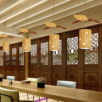 Retro bamboo art chandelier natural wood dining room pendant light