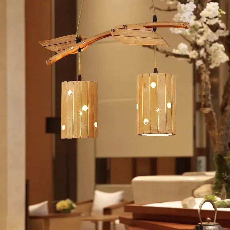 Retro bamboo art chandelier natural wood dining room pendant light