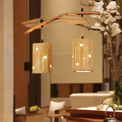 Retro bamboo art chandelier natural wood dining room pendant light