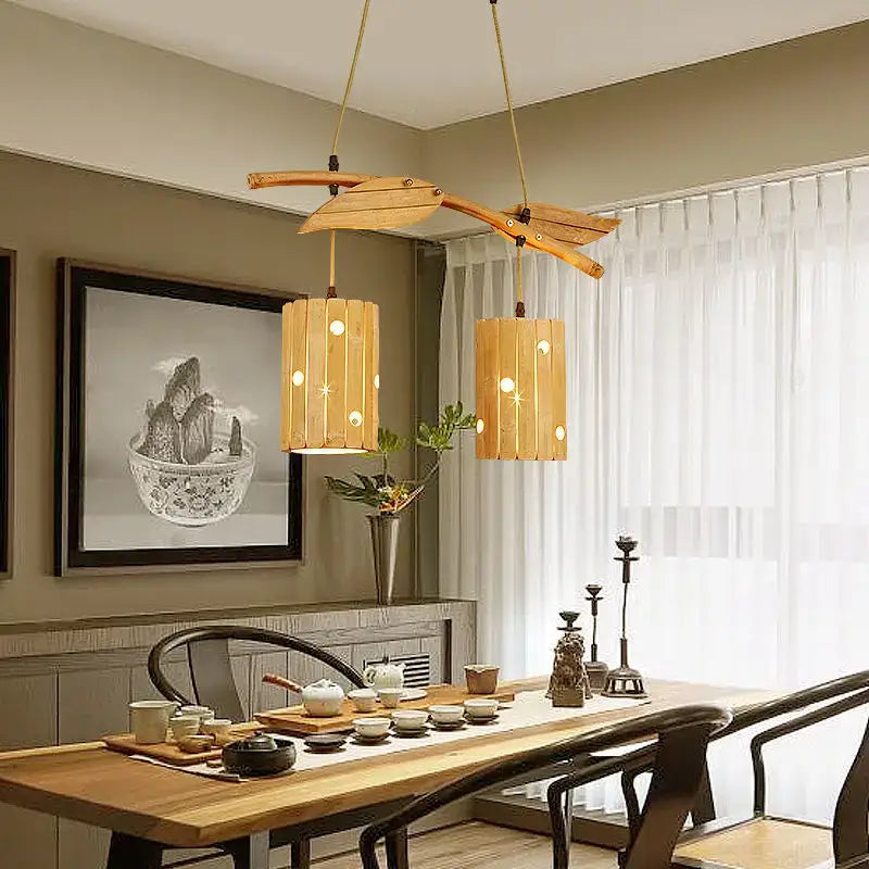 Retro bamboo art chandelier natural wood dining room pendant light
