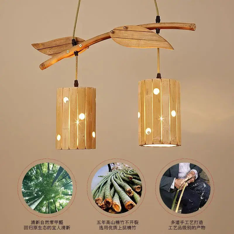 Retro bamboo art chandelier natural wood dining room pendant light