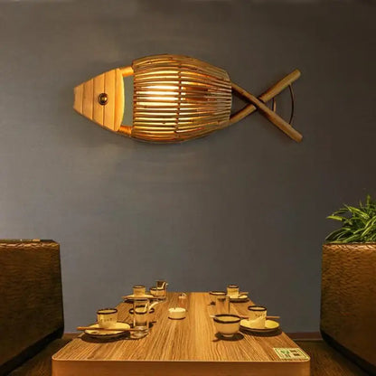 Retro bamboo fish wall lamp living room slatted wood decor