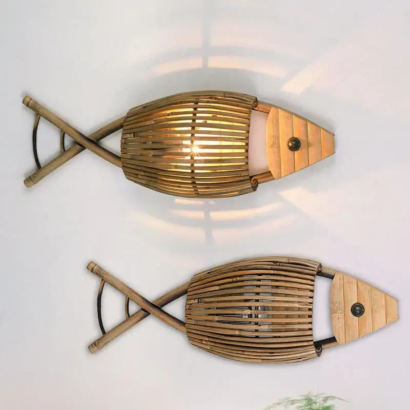 Retro bamboo fish wall lamp living room slatted wood decor