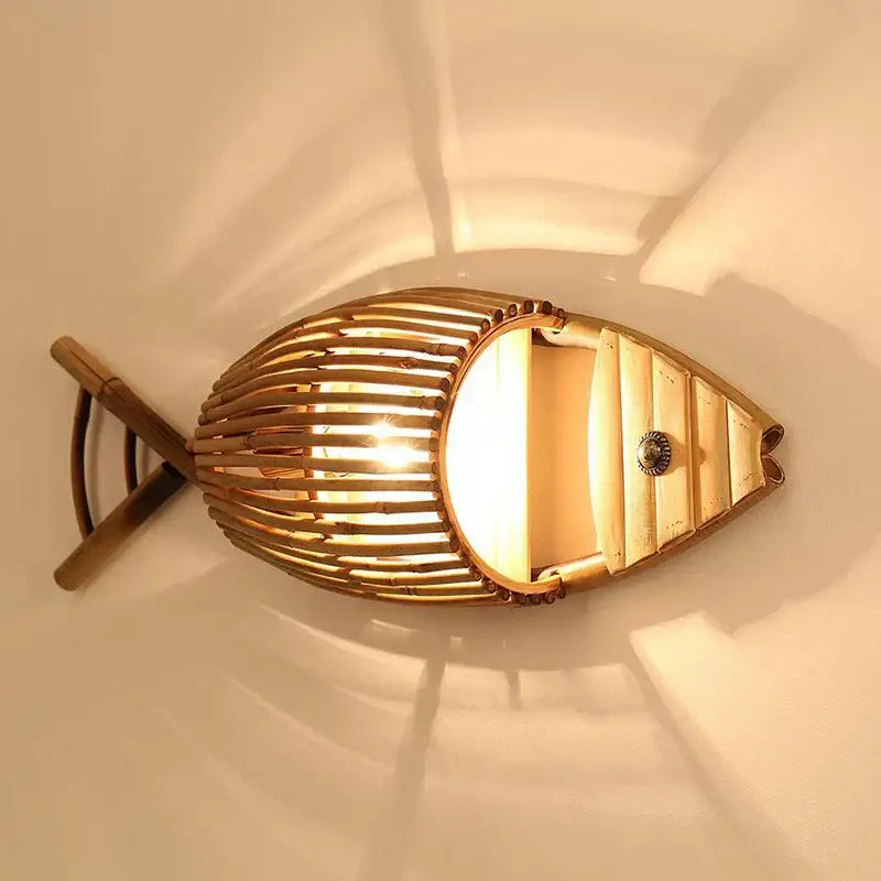 Retro bamboo fish wall lamp living room slatted wood decor
