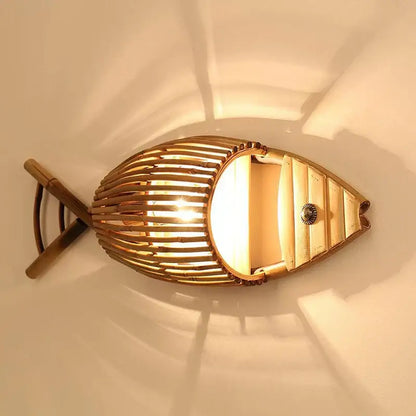 Retro bamboo fish wall lamp living room slatted wood decor